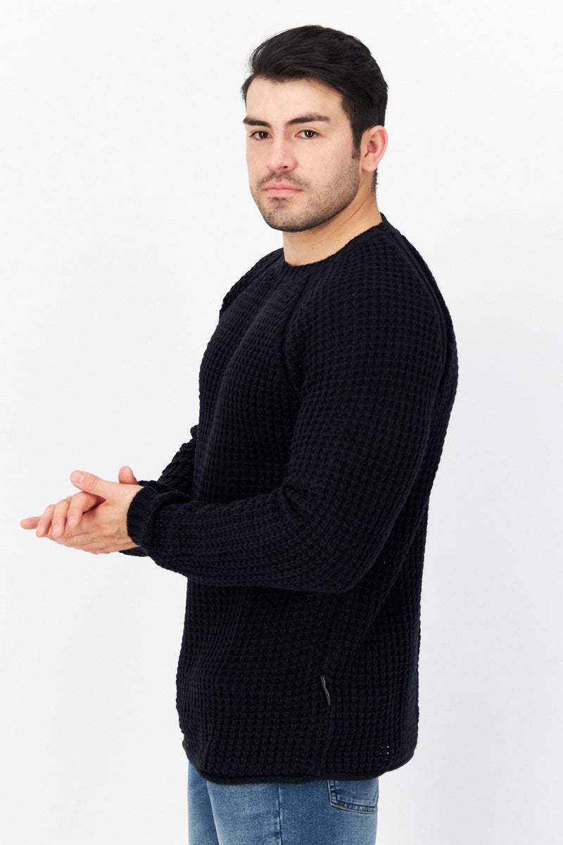 Men Crew Neck Waffle Knit Long Sleeves Sweater, Dark Navy