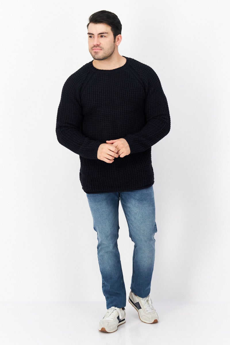 Men Crew Neck Waffle Knit Long Sleeves Sweater, Dark Navy