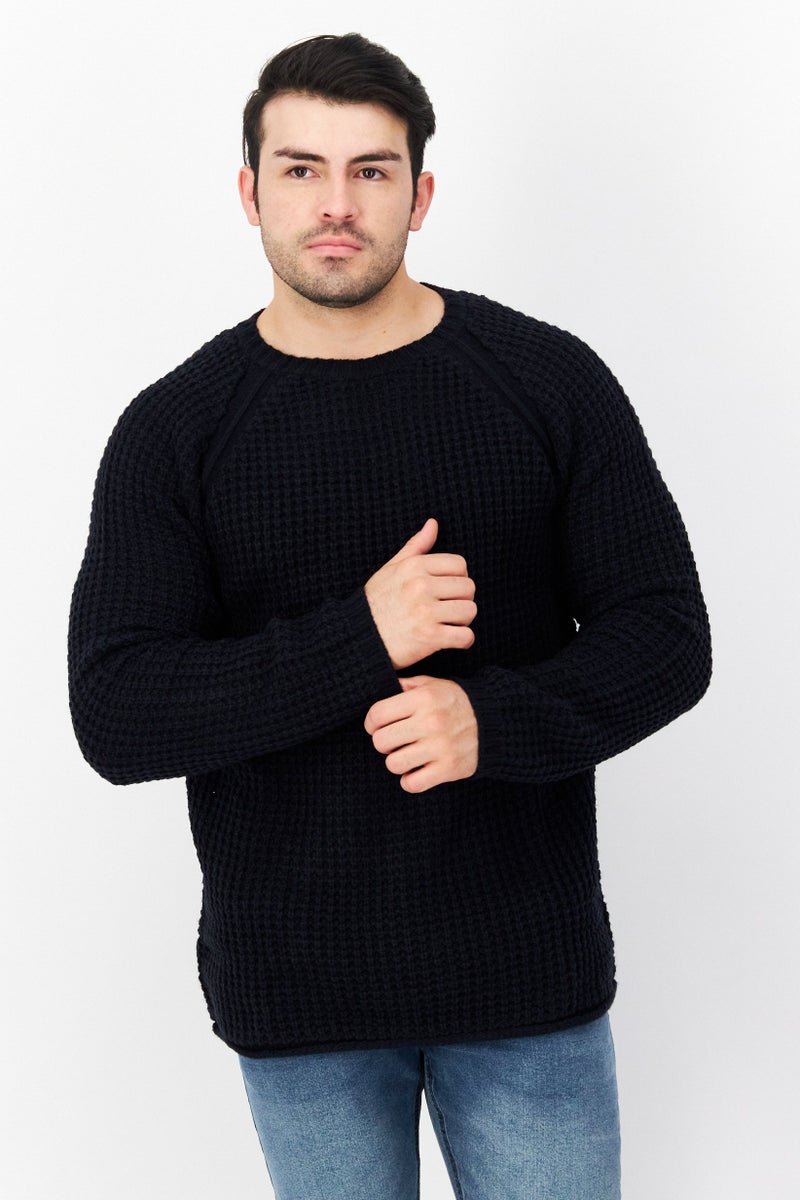Men Crew Neck Waffle Knit Long Sleeves Sweater, Dark Navy