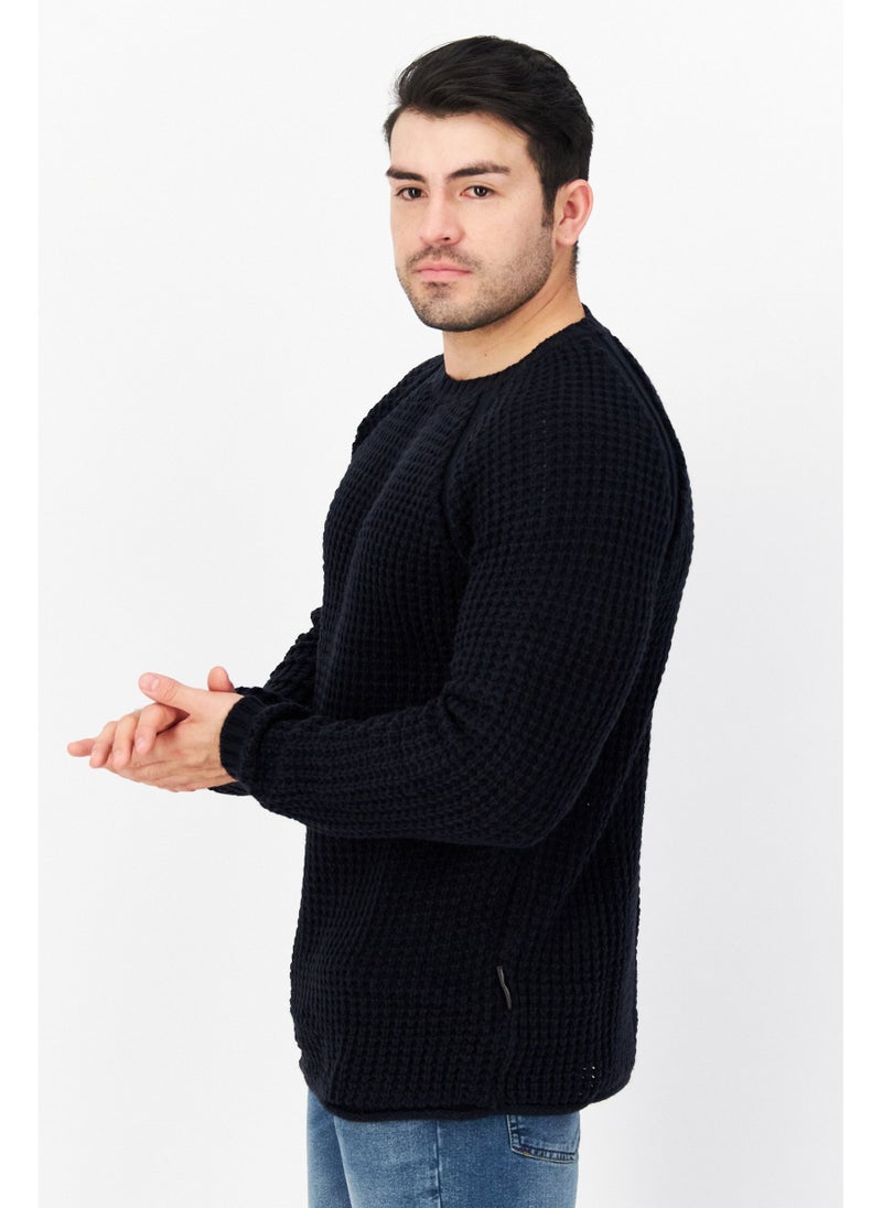 Men Crew Neck Waffle Knit Long Sleeves Sweater, Dark Navy