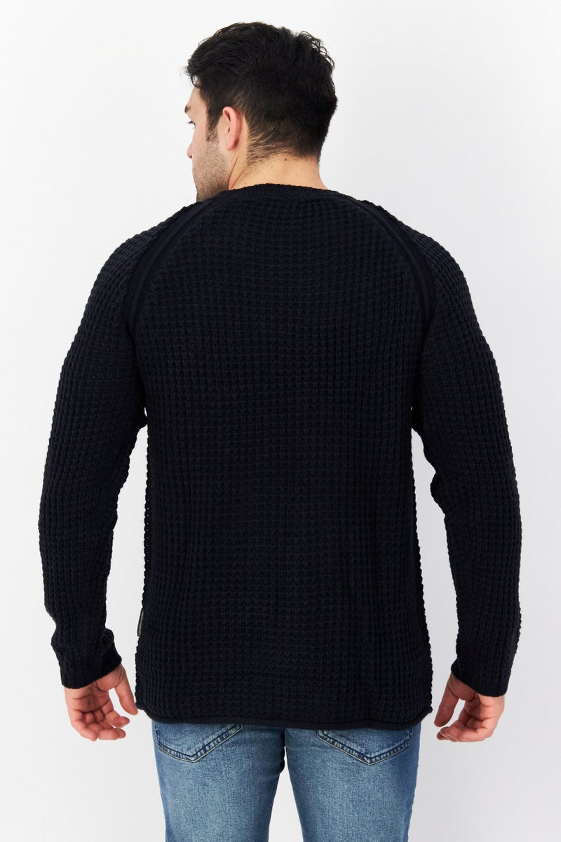 Men Crew Neck Waffle Knit Long Sleeves Sweater, Dark Navy