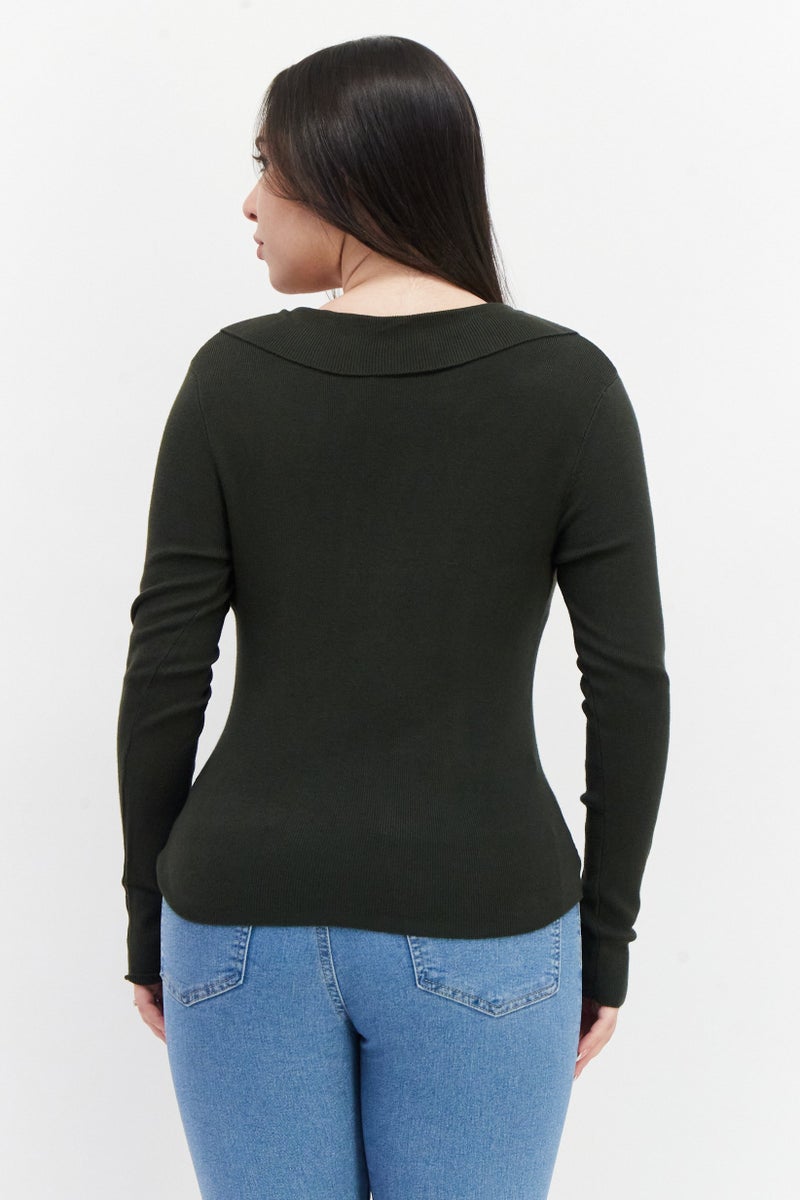 Women V-Neck Textured Sweater, Olive