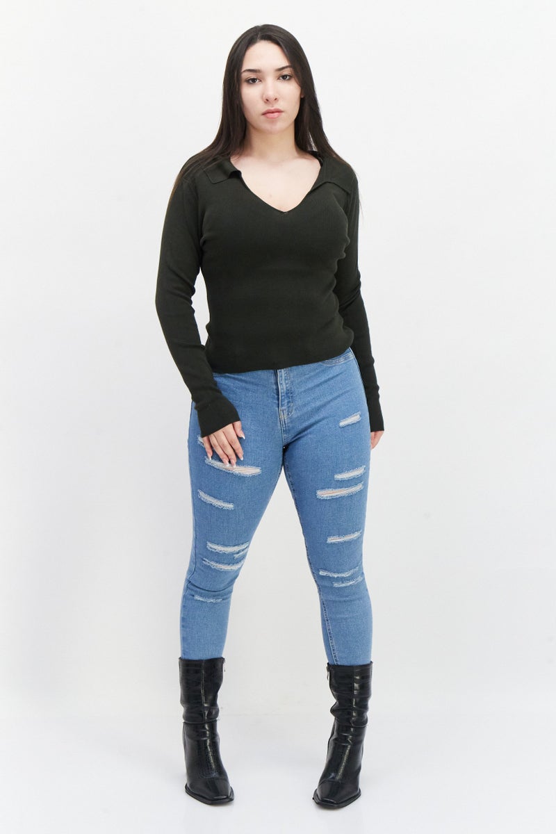 Women V-Neck Textured Sweater, Olive