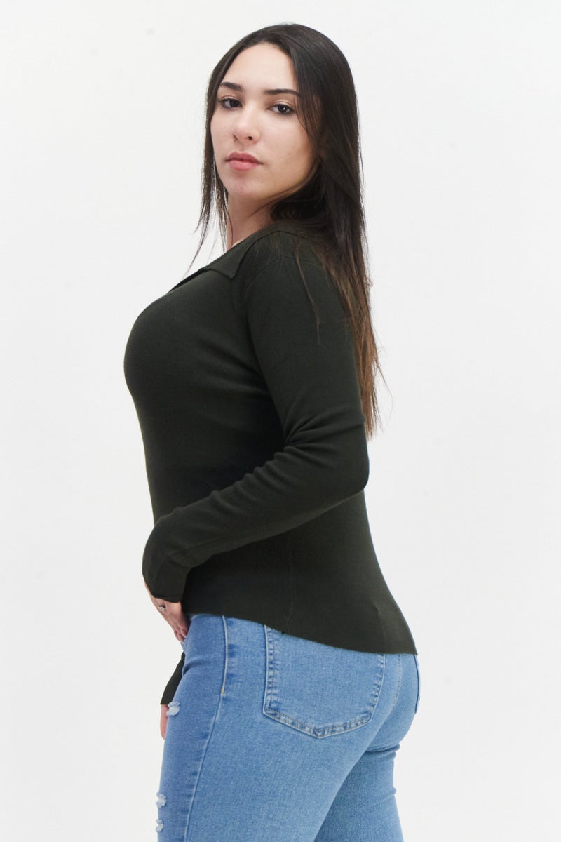 Women V-Neck Textured Sweater, Olive