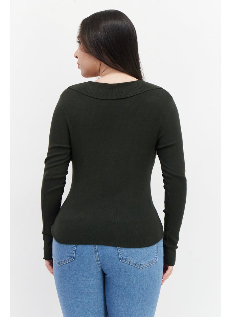 Women V-Neck Textured Sweater, Olive
