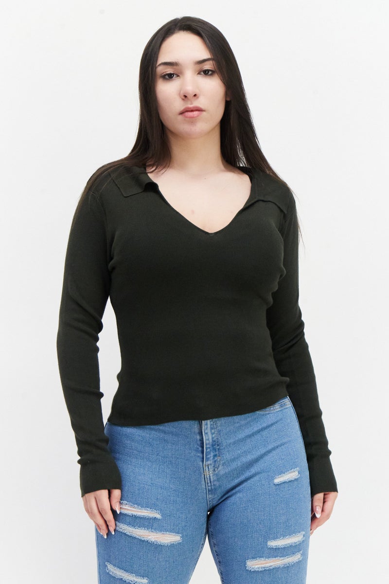 Women V-Neck Textured Sweater, Olive