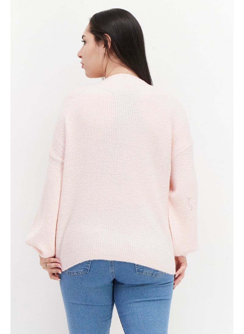 Women Textured Long Sleeve Sweater, Pink