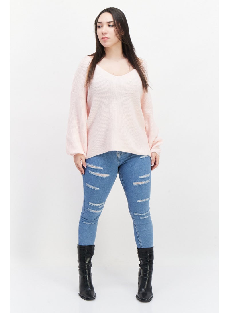 Women Textured Long Sleeve Sweater, Pink