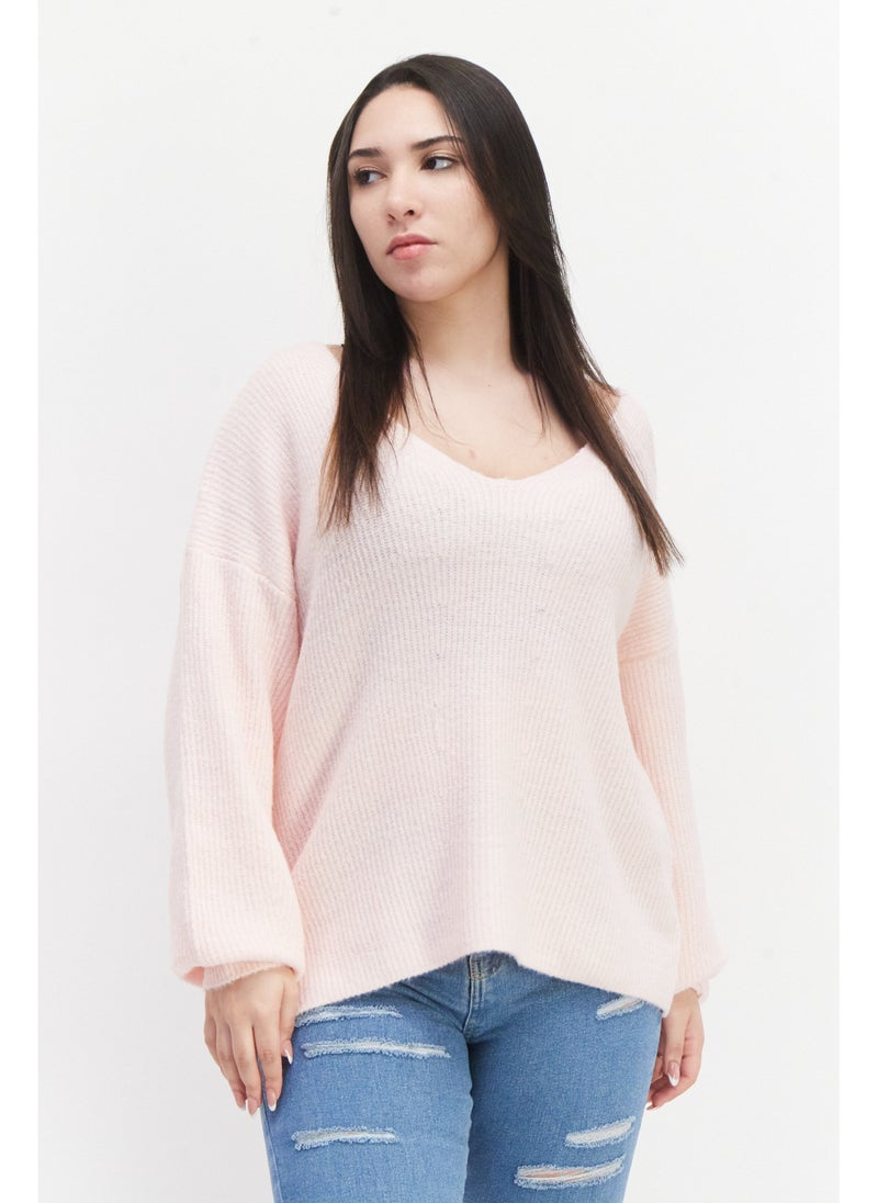 Women Textured Long Sleeve Sweater, Pink