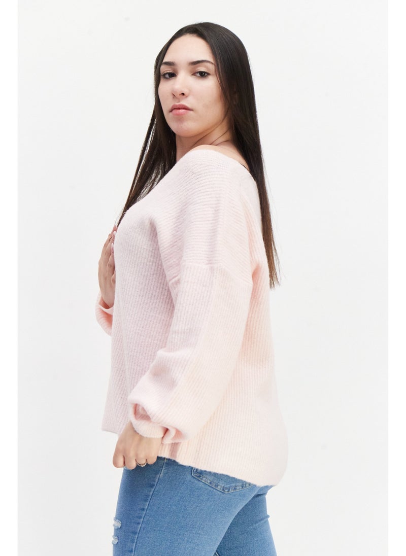 Women Textured Long Sleeve Sweater, Pink