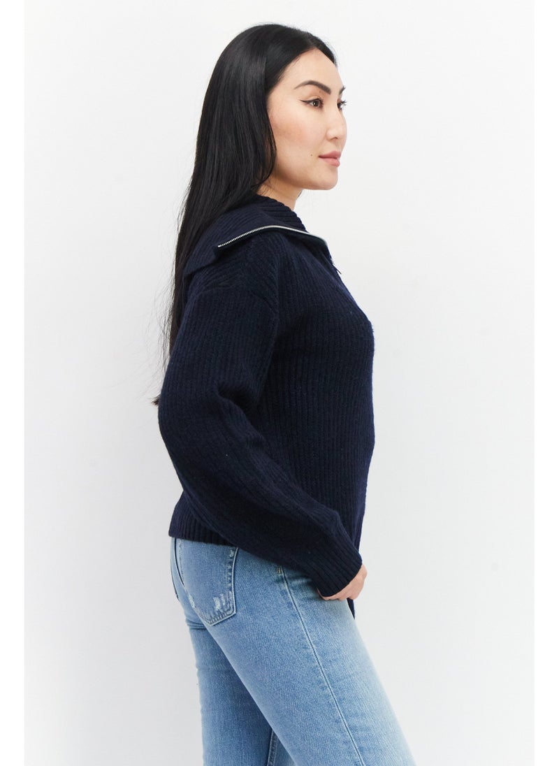 Women Spread Collar Knitted Sweater, Navy Blue