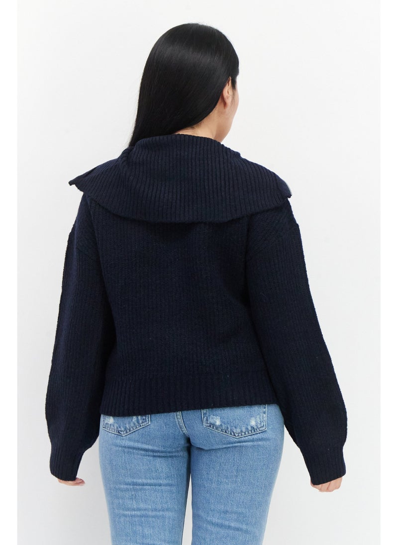 Women Spread Collar Knitted Sweater, Navy Blue