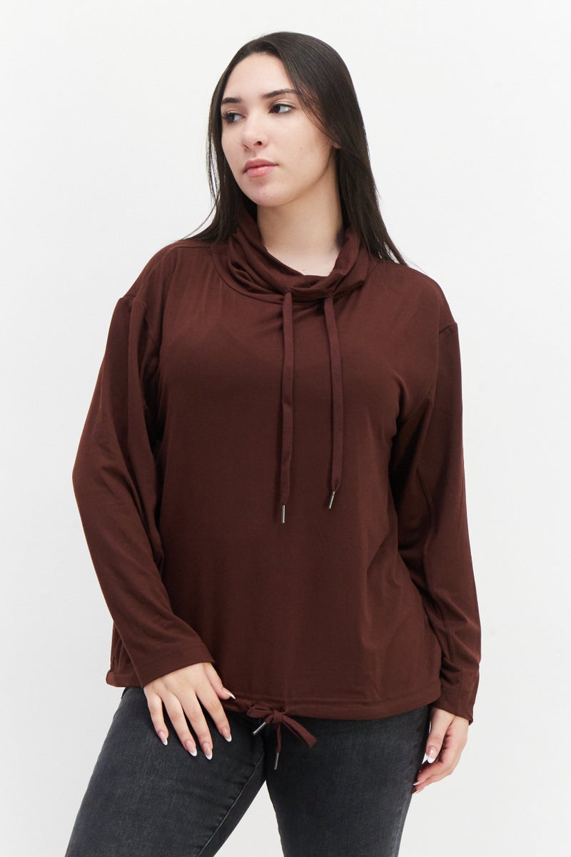 Women Turtle Neck Long Sleeve Solid Sweater, Brown