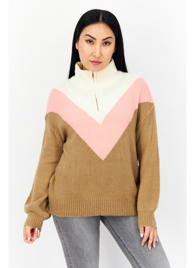 Women Mock Neck Colorblock Sweaters, Tan