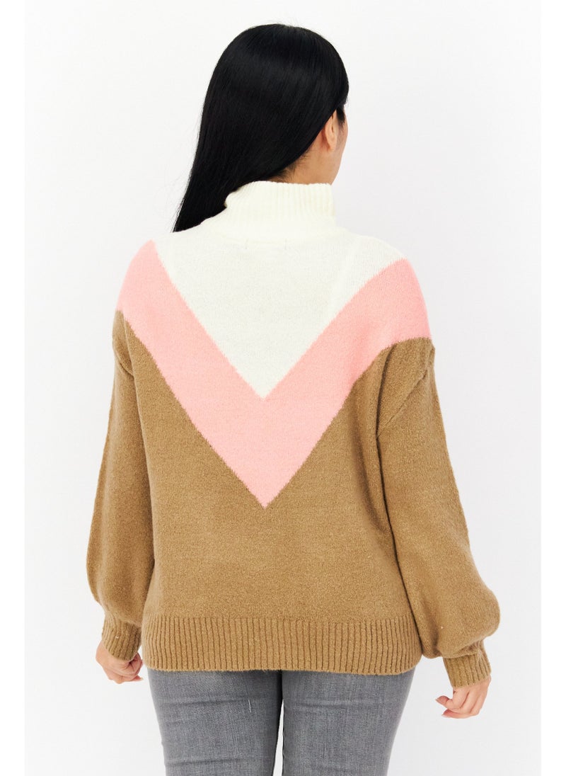 Women Mock Neck Colorblock Sweaters, Tan