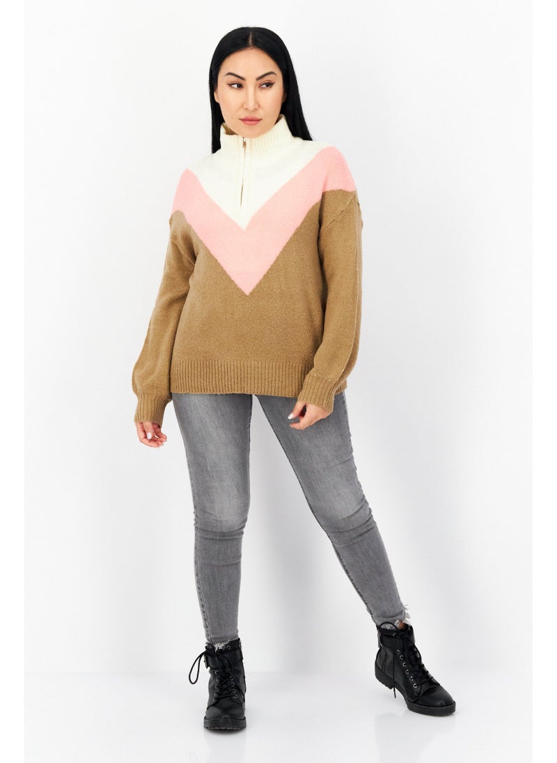 Women Mock Neck Colorblock Sweaters, Tan