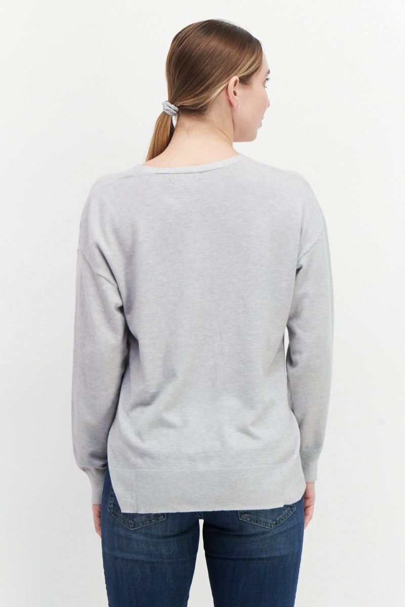 Women V-Neck Long Sleeves Knitted Sweater, Light Grey