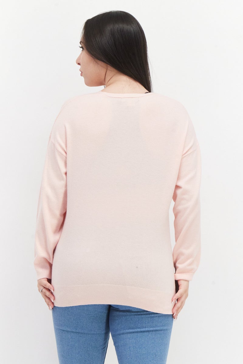 Women V-Neck Long Sleeves Plain Sweater, Pink