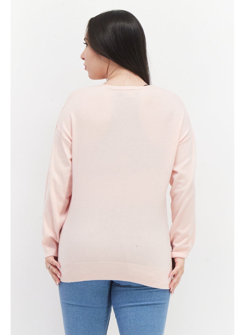 Women V-Neck Long Sleeves Plain Sweater, Pink
