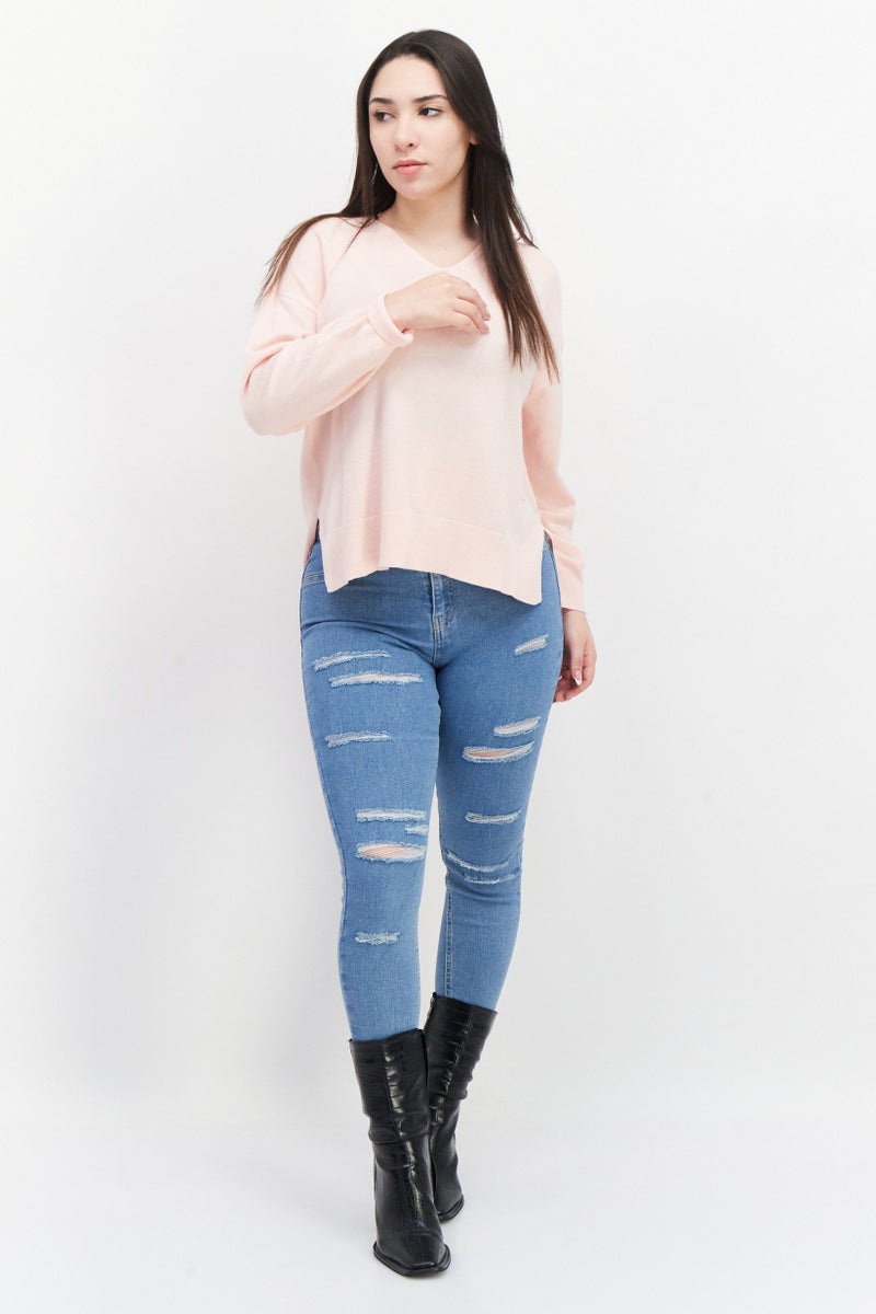 Women V-Neck Long Sleeves Plain Sweater, Pink