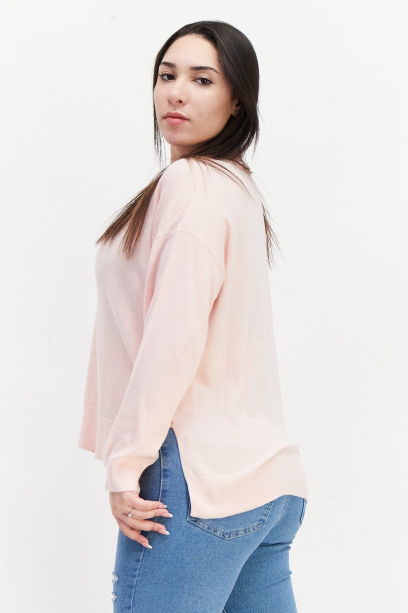 Women V-Neck Long Sleeves Plain Sweater, Pink