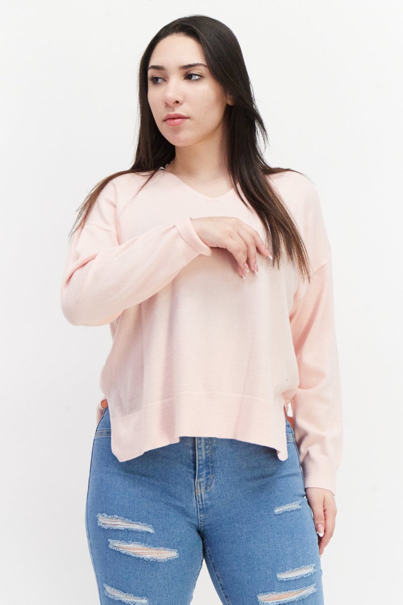 Women V-Neck Long Sleeves Plain Sweater, Pink