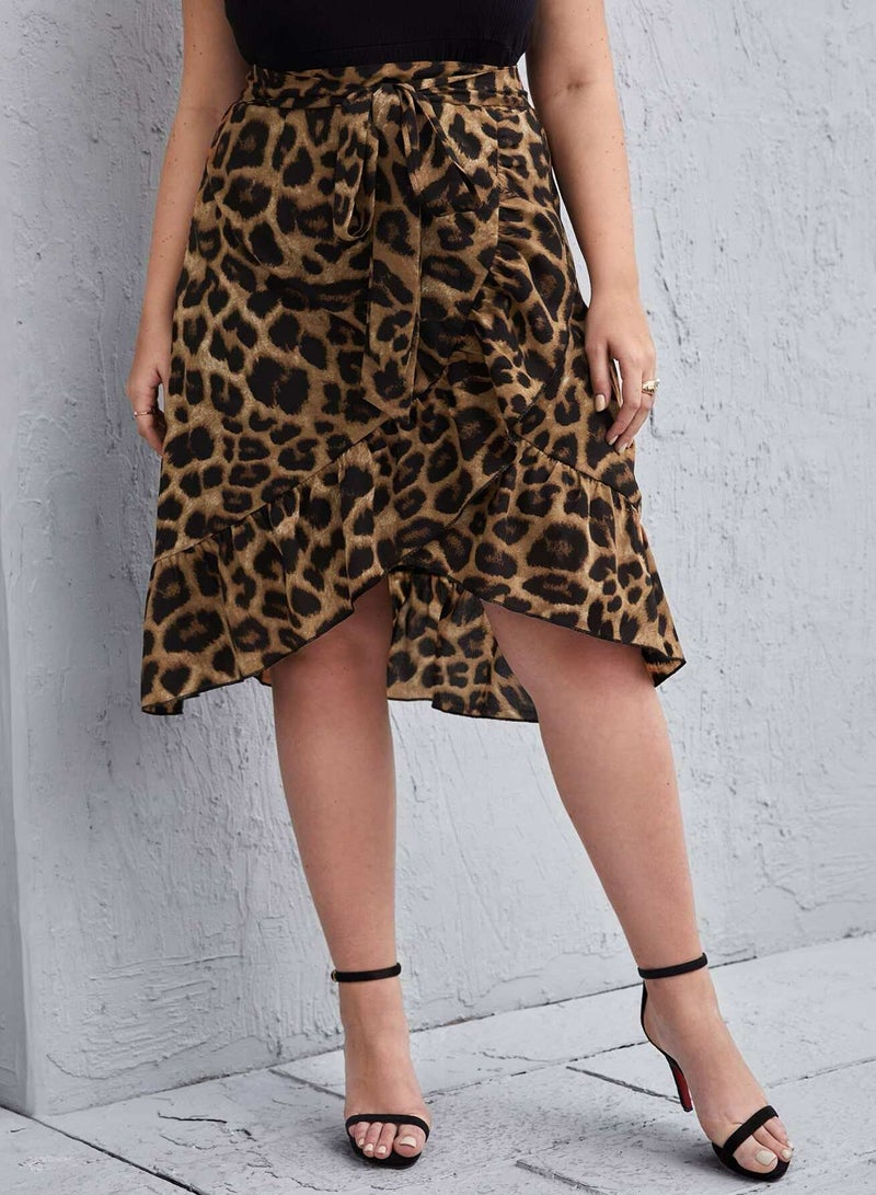 Plus Leopard Print Ruffle Wrap Hem Belted Skirt