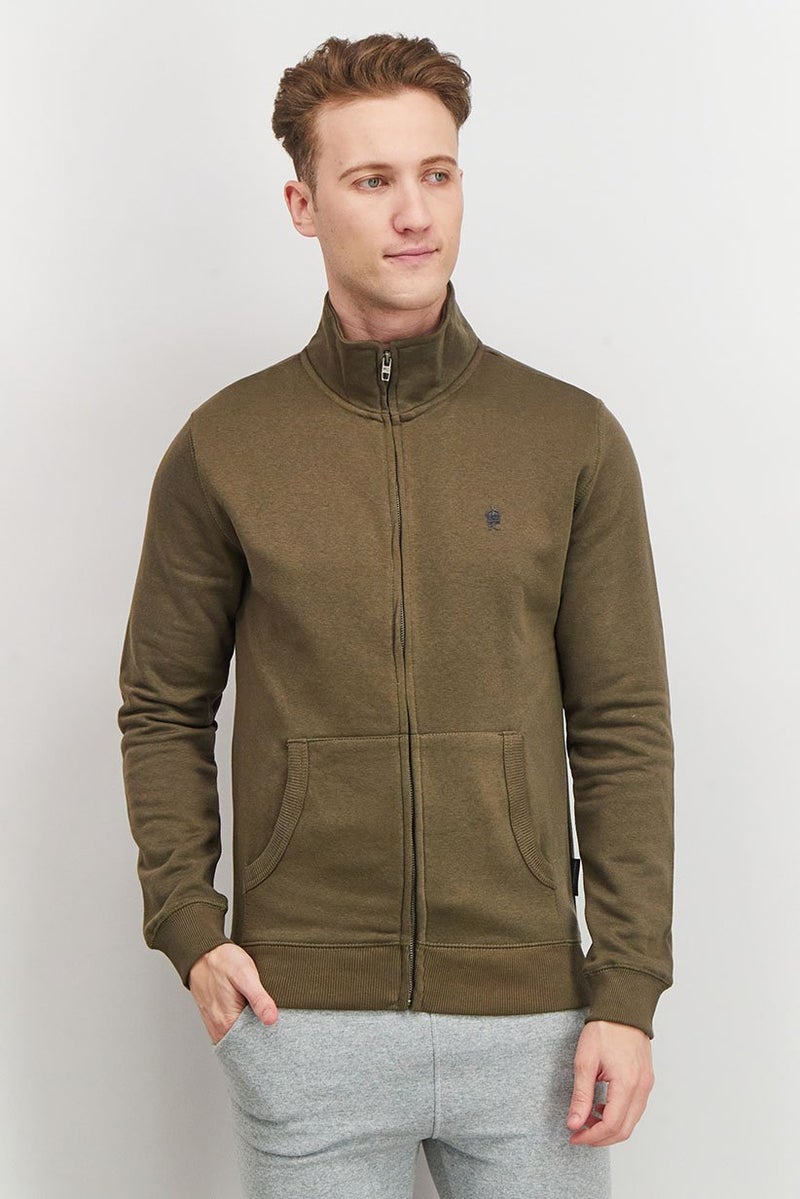 Men Mock Neckline Long Sleeves Brand Logo Sweatshirt, Khaki and Olive