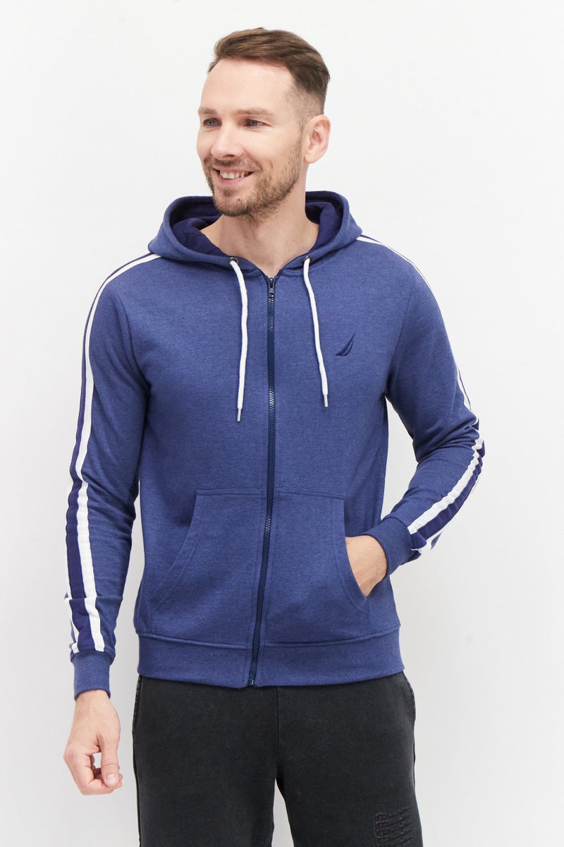 Men Hooded Long Sleeve Embroidered Logo Full Zip Sweatshirts, Blue