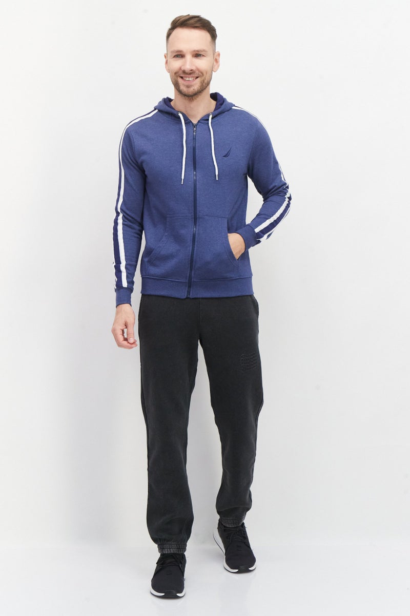 Men Hooded Long Sleeve Embroidered Logo Full Zip Sweatshirts, Blue