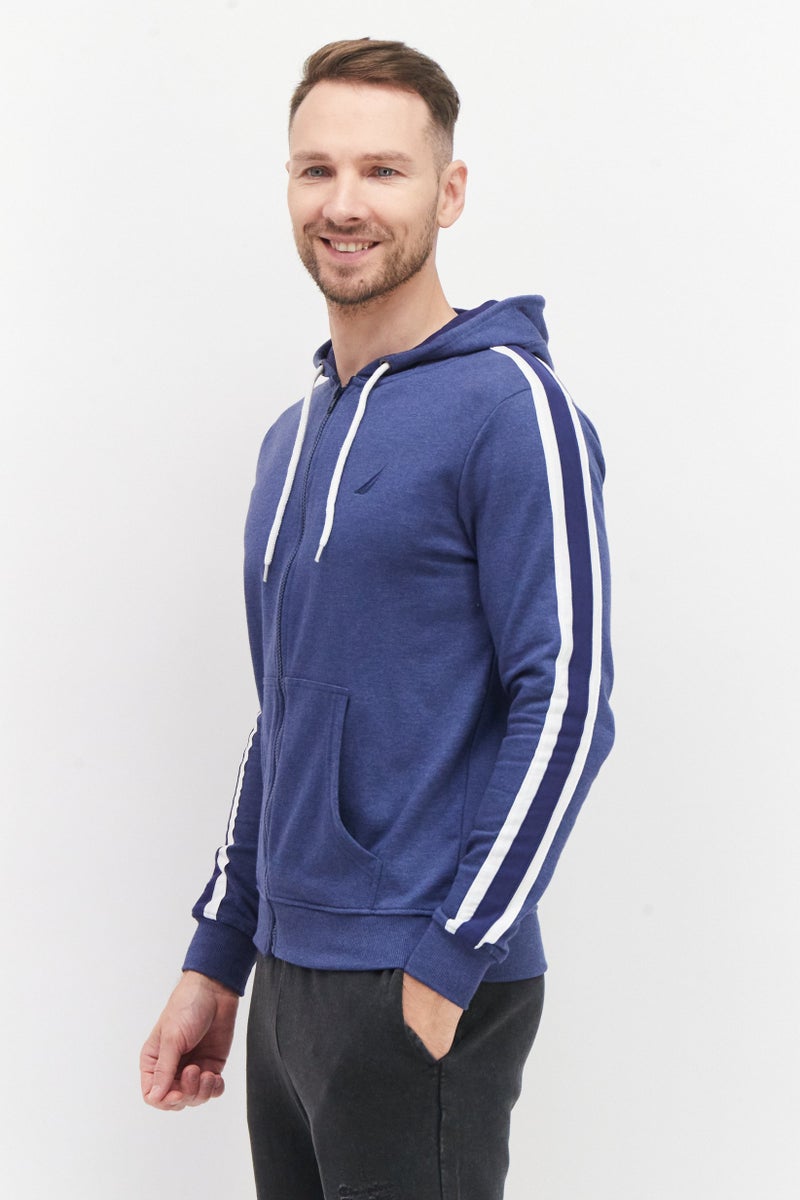 Men Hooded Long Sleeve Embroidered Logo Full Zip Sweatshirts, Blue