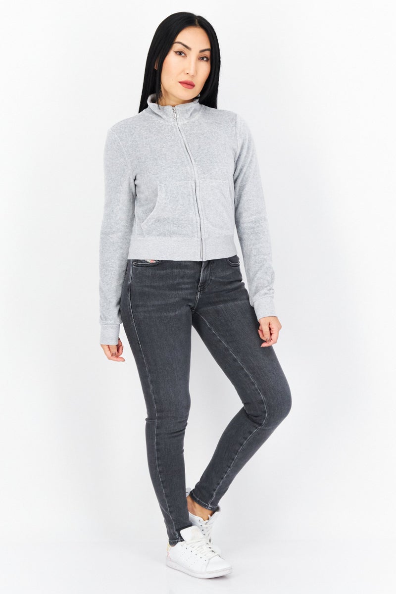 Women Mock Neck Long Sleeves Heather Sweatshirt, Grey Heather