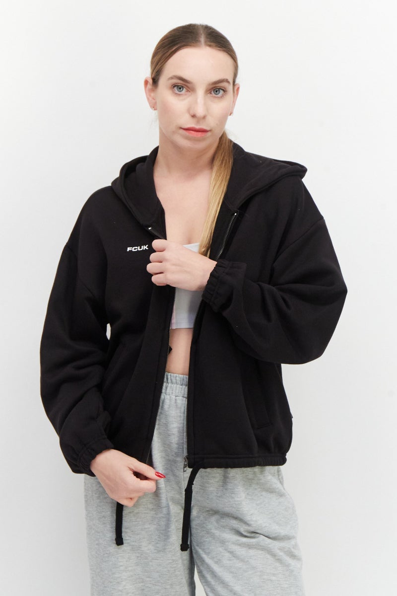 Women Hooded Graphic Print Long Sleeves Sweatshirt, Black