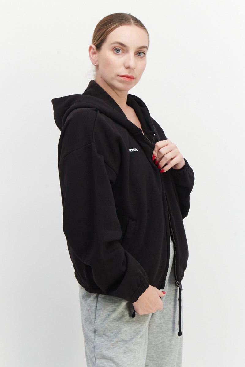 Women Hooded Graphic Print Long Sleeves Sweatshirt, Black