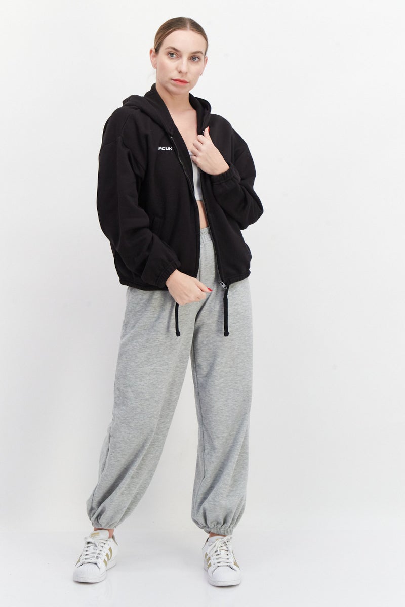 Women Hooded Graphic Print Long Sleeves Sweatshirt, Black