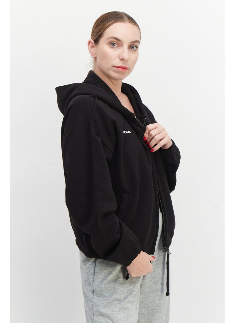 Women Hooded Graphic Print Long Sleeves Sweatshirt, Black