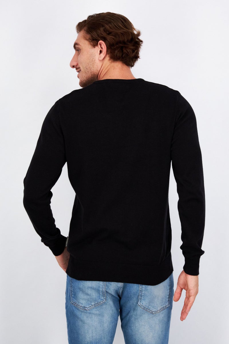 Men Crew Neck Plain Long Sleeves Sweatshirt, Black