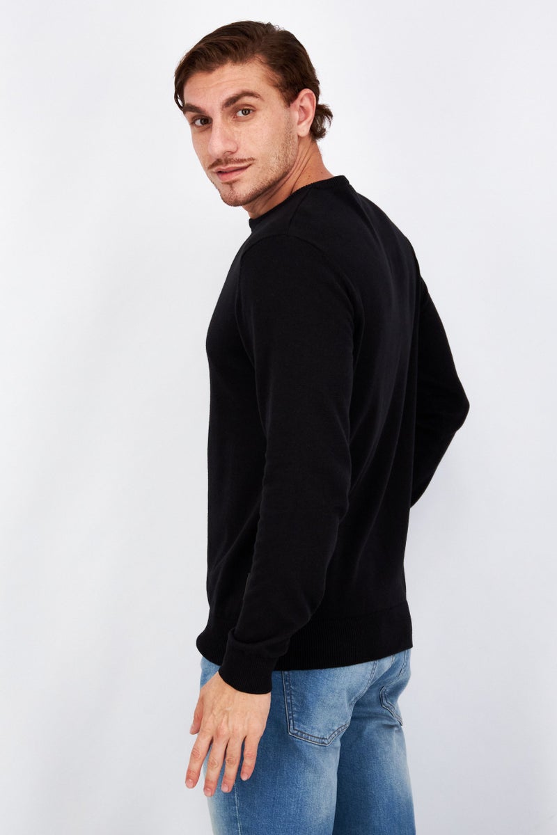 Men Crew Neck Plain Long Sleeves Sweatshirt, Black