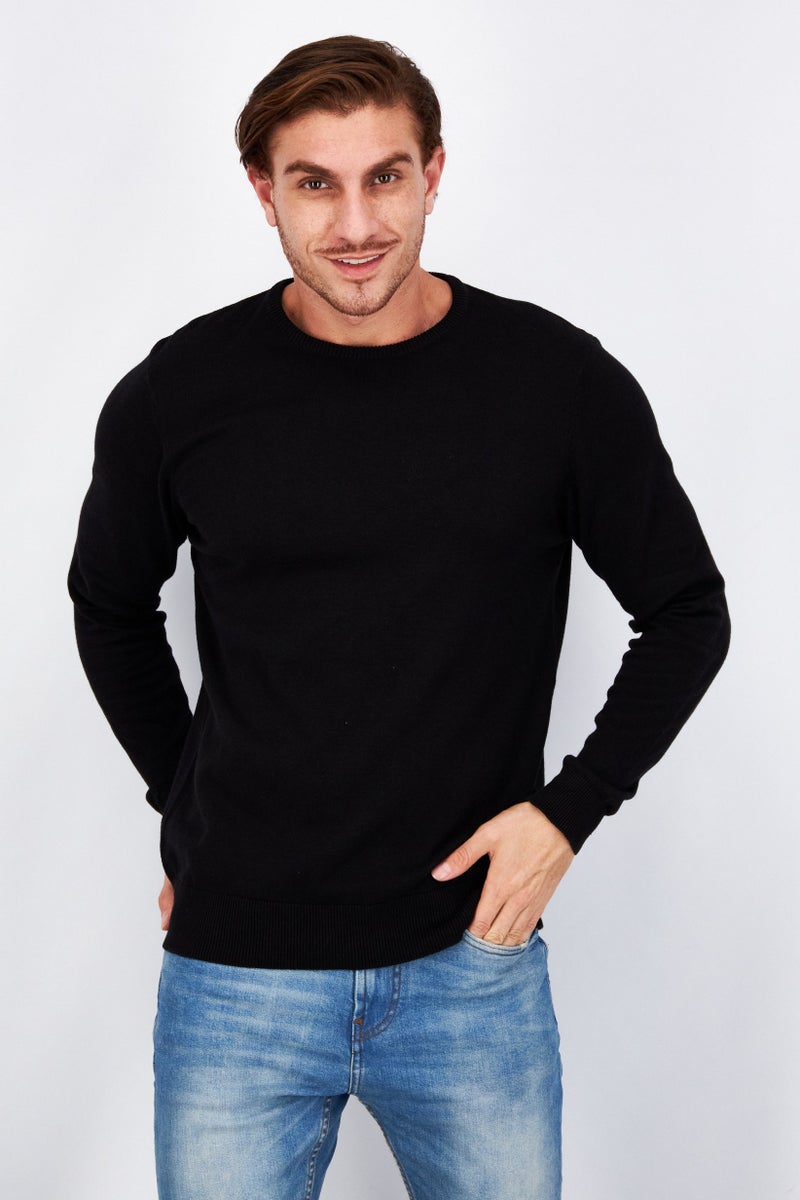 Men Crew Neck Plain Long Sleeves Sweatshirt, Black