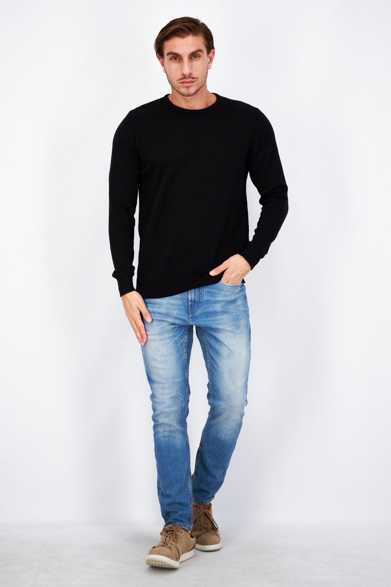 Men Crew Neck Plain Long Sleeves Sweatshirt, Black