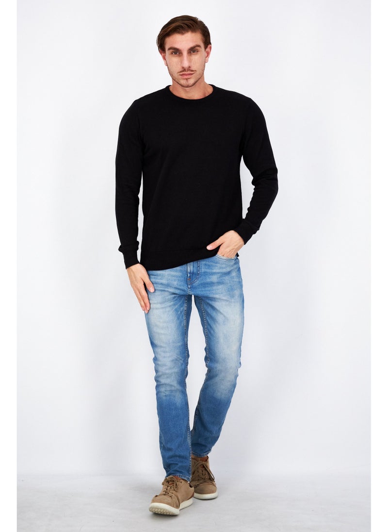 Men Crew Neck Plain Long Sleeves Sweatshirt, Black