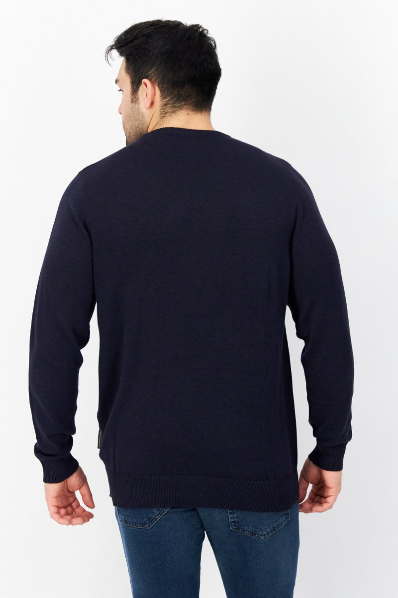 Men Crew Neck Plain Long Sleeves Sweatshirt, Navy