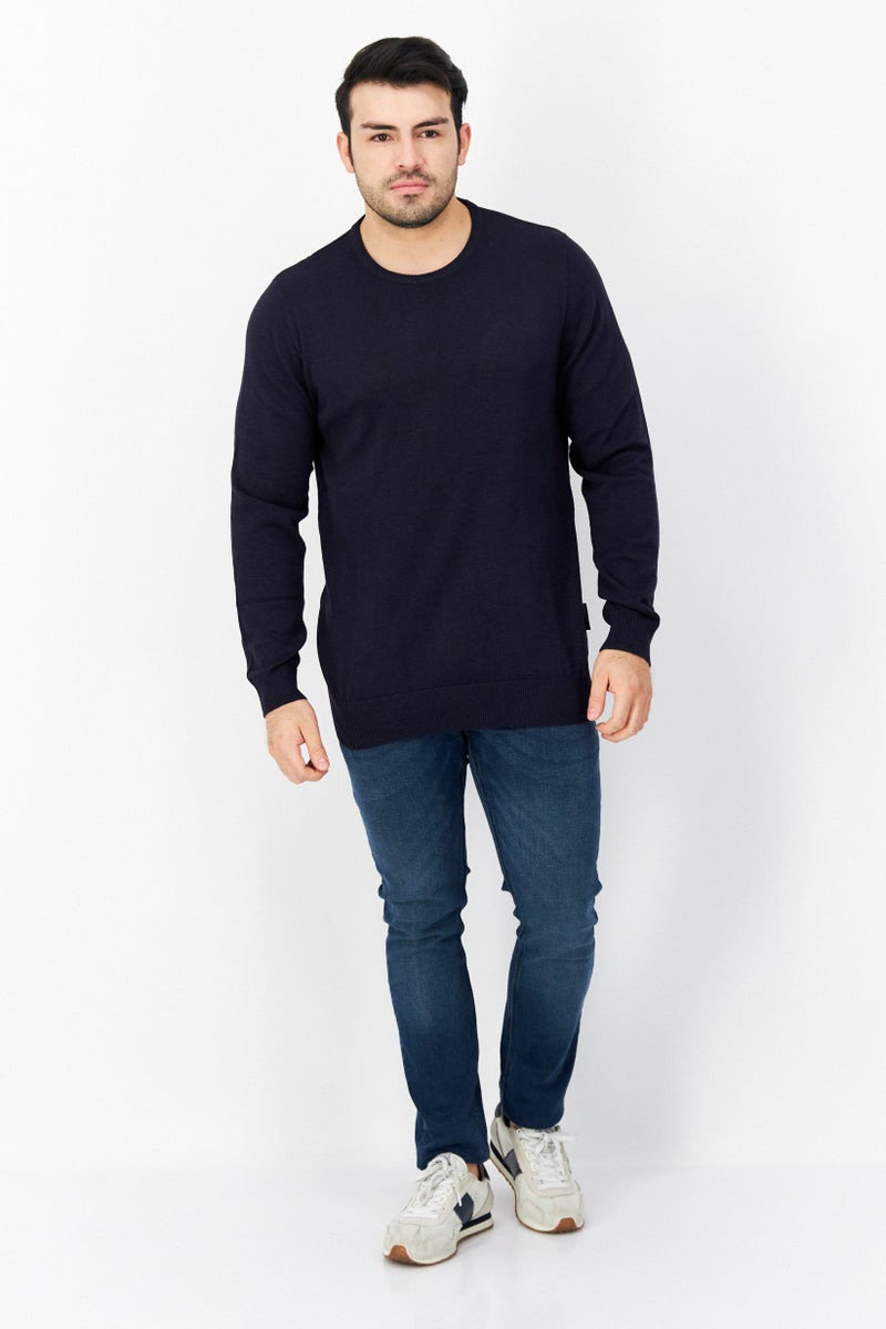 Men Crew Neck Plain Long Sleeves Sweatshirt, Navy