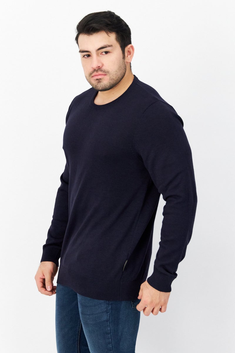 Men Crew Neck Plain Long Sleeves Sweatshirt, Navy