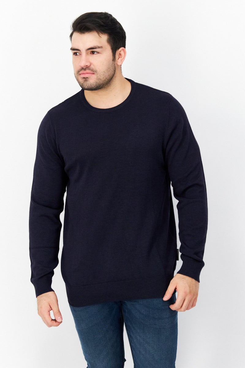 Men Crew Neck Plain Long Sleeves Sweatshirt, Navy