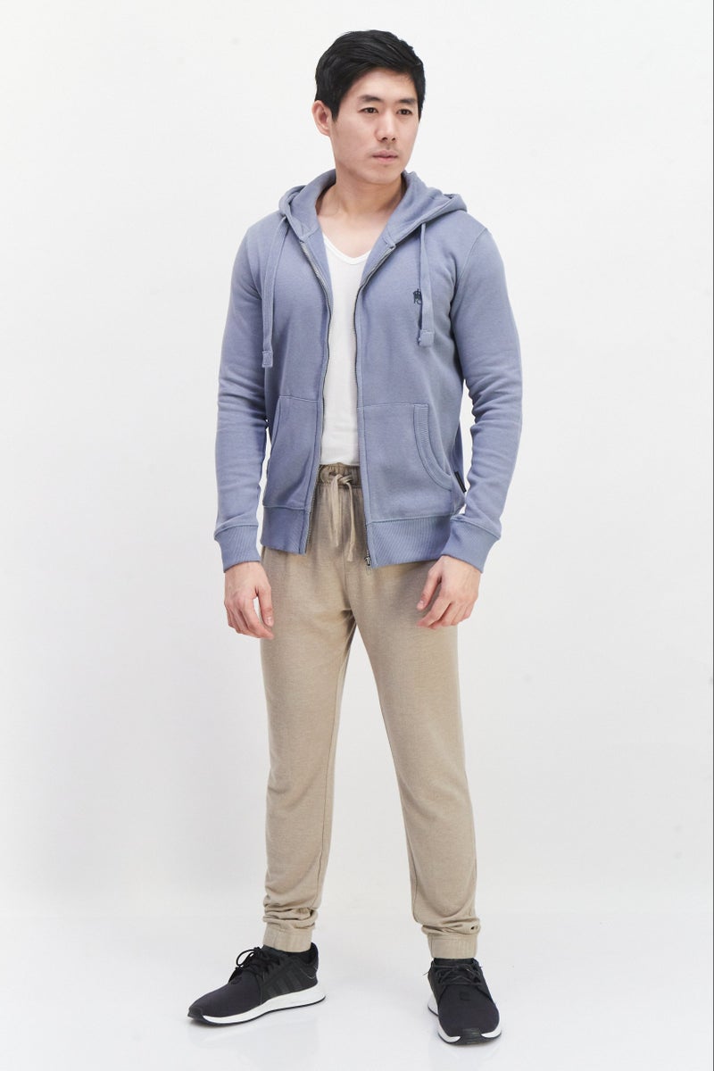 Men Hooded Brand Logo Full Zip Sweatshirt, Sage Blue