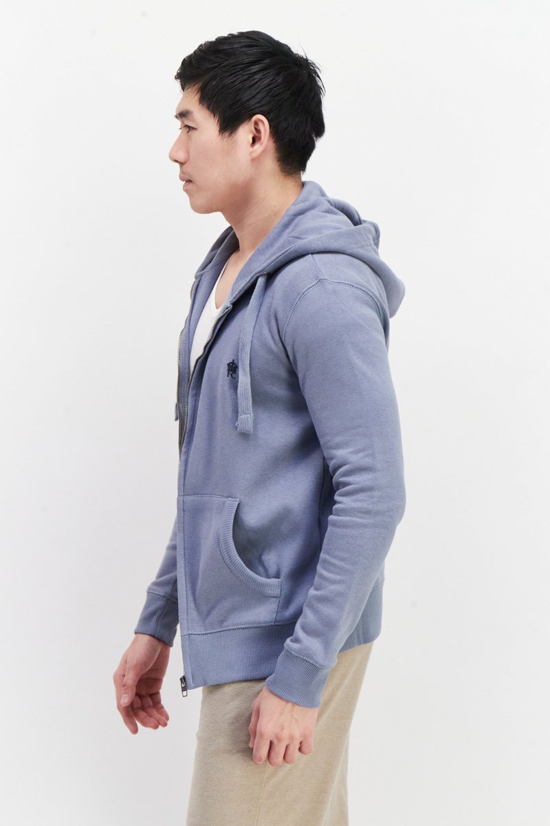 Men Hooded Brand Logo Full Zip Sweatshirt, Sage Blue