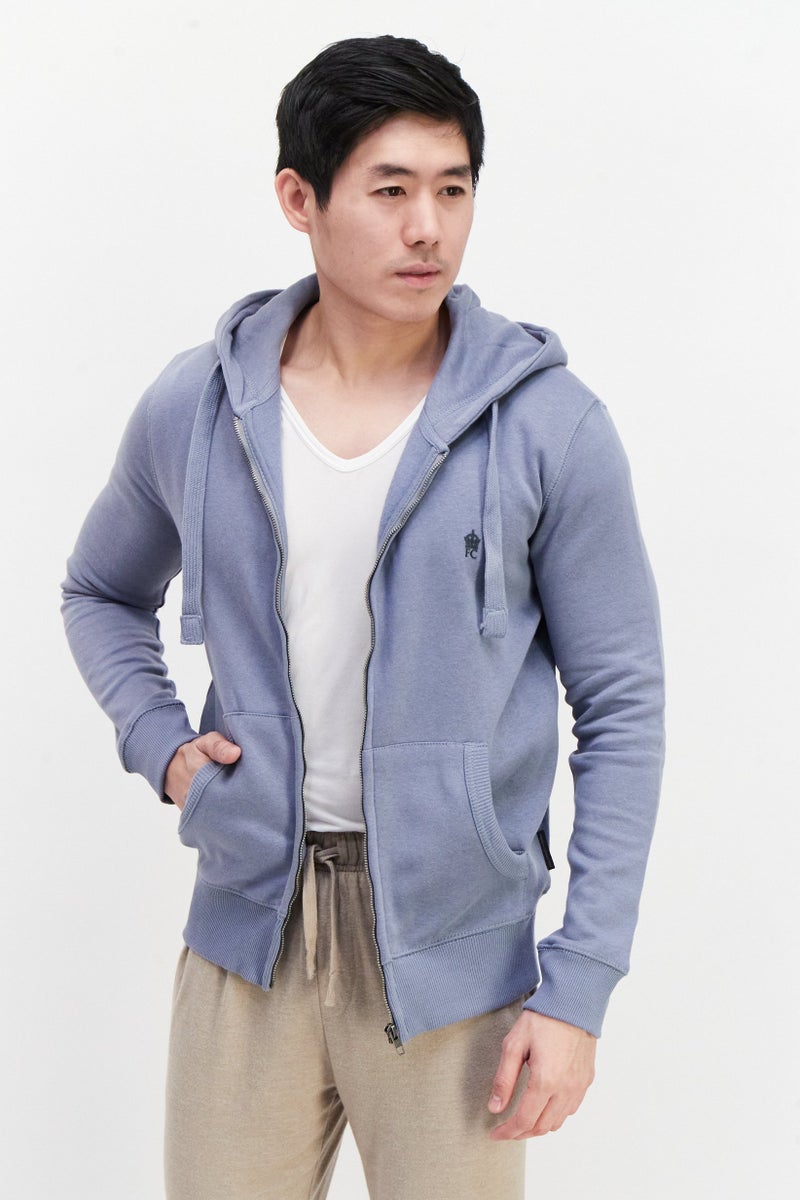 Men Hooded Brand Logo Full Zip Sweatshirt, Sage Blue