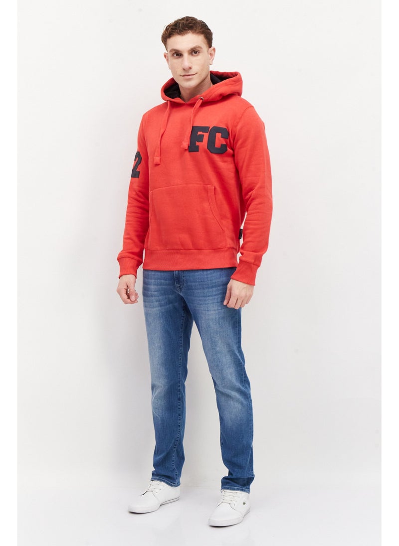 Men Hood with Drawstring Front Pocket Fleece Sweatshirts, Red