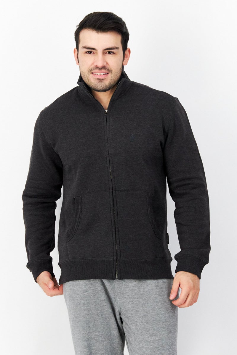 Men Mock Neckline Long Sleeves Brand Logo Sweatshirt, Charcoal